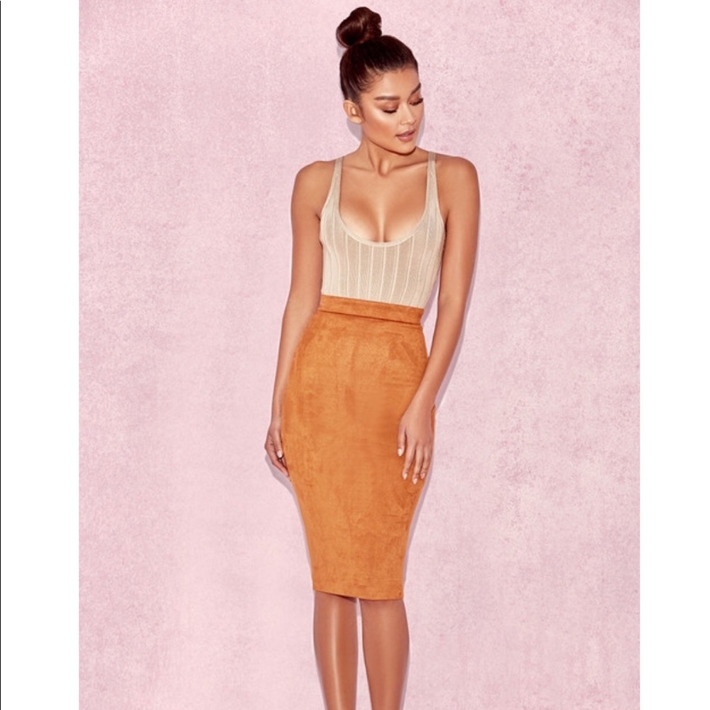 House of CB Giuditta tan suede pencil skirt
